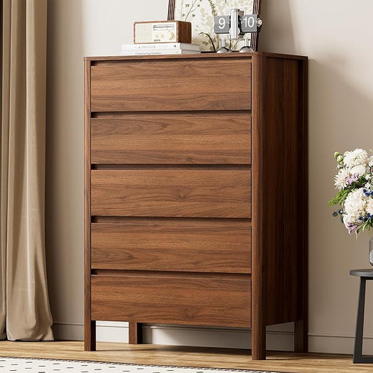 45" Tall Mid-Century Modern Dresser for Bedroom, 5 Drawer Chest of Drawers with Solid Wood Legs, Large Storage Tall Dresser, Walnut