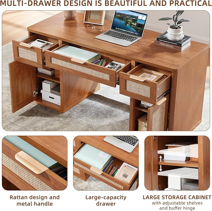 LEYAOYAO 56'' Rattan Farmhouse Executive Desk with Drawers, Wood Home Office Desk with File Cabinet and Metal Handles, Large Vintage Computer Desk for Home, Bedroom, Living Room （Brown）