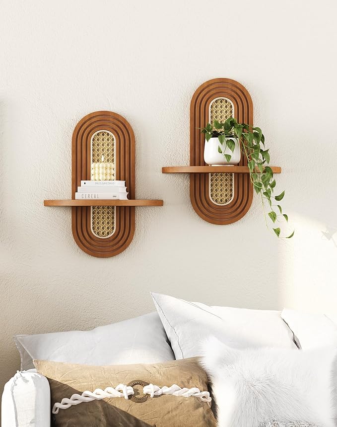 Floating Shelves for Wall, Boho Rattan Plant Shelf Set of 2, Mid Century Small Decorative Shelf Wall-Mounted, Natural Wood Shelves for Living Room,Bedroom,Nursey Room (Walnut)