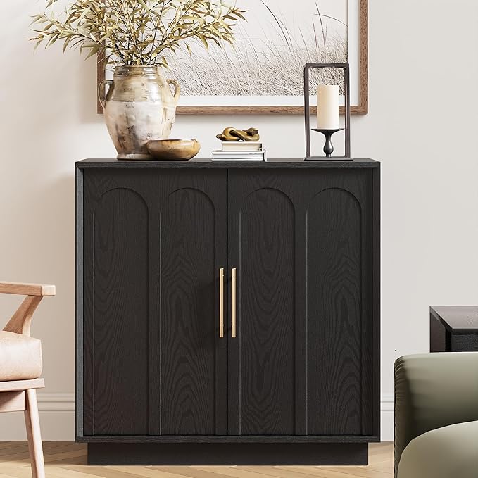 Sideboard Buffet Cabinet with Storage Set of 3, Mid Century Modern Accent Cabinet with Arched Doors, Modular Media Console, Credenza for Living Room Kitchen Dining Room Entryway, Black