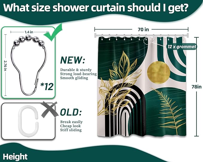 Dark Green Shower Curtain Boho Mid Century Modern Emerald Hunter Green and Gold Shower Curtains for Bathroom Decor, Waterproof Cloth Fabric with Hooks, 70" W x 78" L