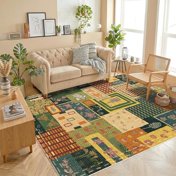 Flowers Patchwork Area Rugs for Living Room,Washable 5x7 Vintage Cottagecore Botanical Rug, Green Boho Carpet, Non-Slip Low Pile Rug for Bedroom Dining Room Office Home Hardwood Floor