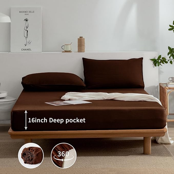 EVERLY Linen Sheets Set Queen Size,100% French Stonewash Pure Linen Sheets Set,4Pieces (1Flat Sheet,1Fitted Sheet,2Pillowcase) Suitable for Hot Sleepers,Deep Pocket Natural Bedding Set-Chocolate