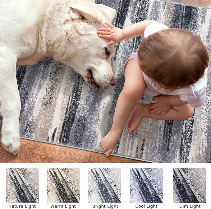 Lansny Modern Abstract Runner Rug 2x12, Grey Black Multi Washable Long Kitchen Runner Non-Slip Soft Hallway Rug Runner Thin Print Faux Wool Carpet for Entryway Bedroom Laundry Room Indoor Home Decor