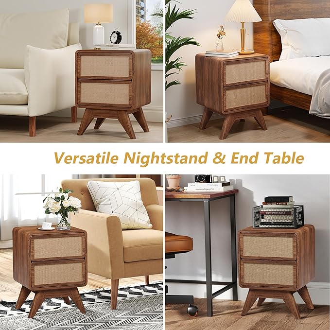 AVZEAR Mid Century Night Stand with 2 Drawers, Wood Bedside Table Curved Round Edge Nightstands with Linen, Solid Wood Legs, End Table Side Table for Small Space, Dorm, Bedroom (Walnut)