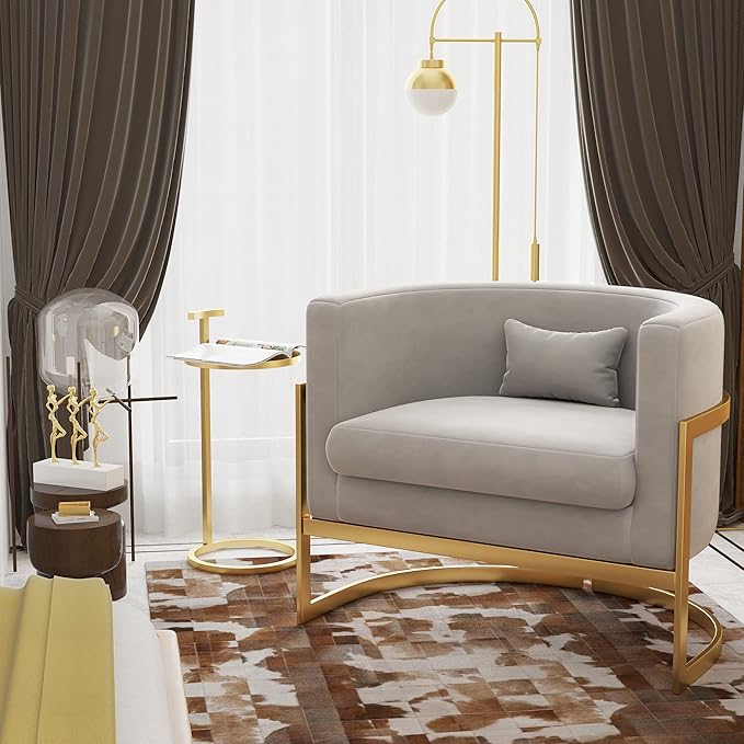 Velvet Accent Chair, Modern Barrel Chair Upholstered Armchair for Living Room Bedroom Single Sofa Chair Club Chairs Gray with Gold Legs