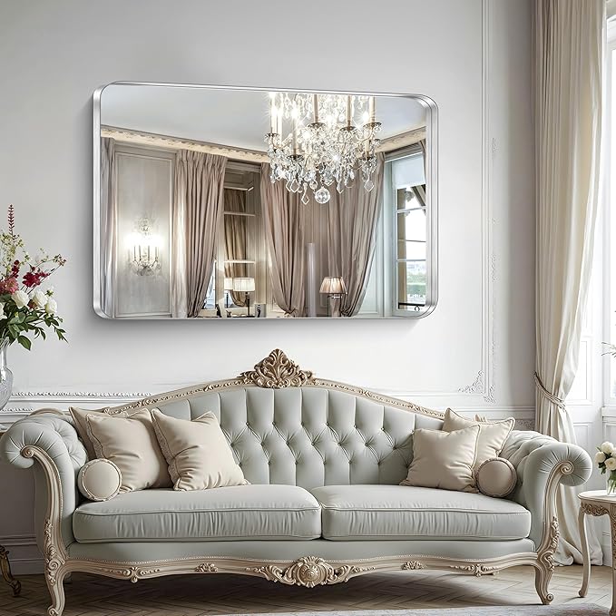 CIRCUMI Silver Bathroom Mirror, 36"x55" Rectangular Mirror with Deep Metal Frame, Rounded Corner, Tempered Glass, Large Mirror for Wall, Over 2 Sinks, Installed Vertically/Horizontally, Crystal-Clear