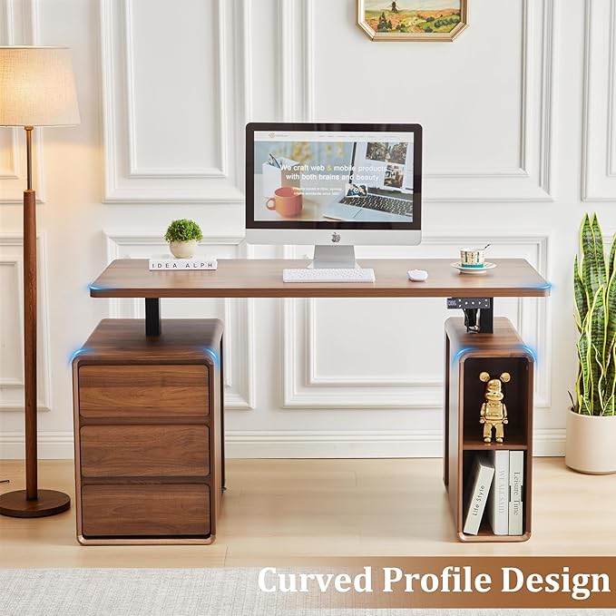 Electric Standing Desk with Drawers, 55" Office Desk Height Adjustable Executive Desk with Storage Shelves, Simple Setup Wood Desk Home Office Stand up Desk for Work, Study, Writing, Walnut
