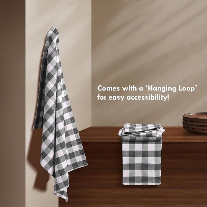 Gingham Check Kitchen Towels, 4 Pack, 16x26 Inches, 100% Cotton - Soft, Highly Absorbent, Quick Drying, Dish Towels for Drying Dishes, Glasswares, Cleaning, Wiping Hands, Grey White