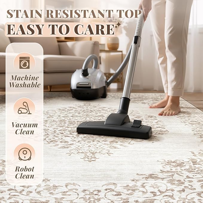 Area Rug 5x7 Vintage Rug: Washable Indoor Medallion Rugs Low Pile Distressed Floor Carpet Retro Accent Rug for Living Room Bedroom Kitchen Dining Table Home Office(Vintage Beige, 5'x7')