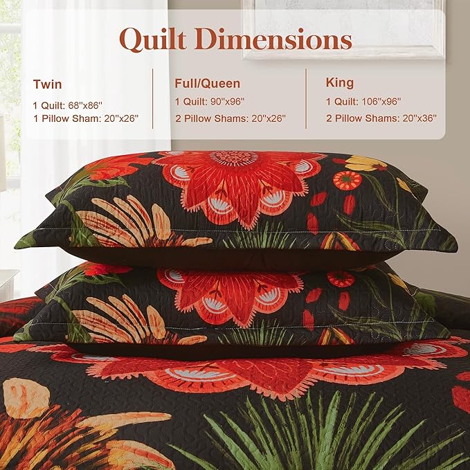 2 Piece Black Red Boho Floral Quilt Sets Twin Size Farmhouse Reversible Lightweight Bedspread Coverlet with 1 Sham Vintage Mid Century Microfiber Bedding Quilts Set for All Season, 68''x86''