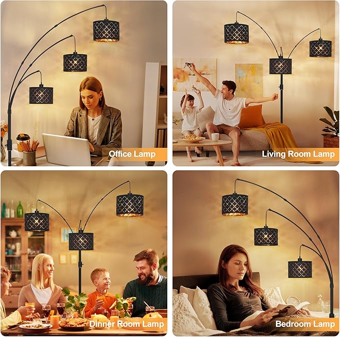 AHDWDW Dimmable Floor Lamp-3 Lights Arc Floor Lamps for Living Room,Modern Tall Standing Lamp with Black Drum Shades,Gothic Mid Century Tree Floor Lamp for Bedroom Corner,3x1000LM LED Bulbs Included