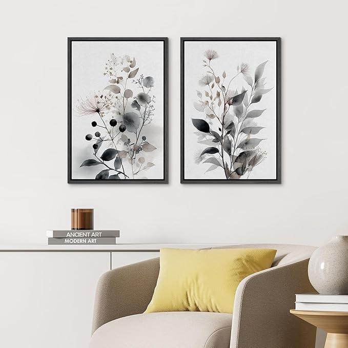 IDEA4WALL Framed Canvas Print Wall Art Set Neutral Botanical Watercolor Monochrome Leaves and Flowers Illustrations Modern Art Decorative Calm/Zen for Living Room, Bedroom, Office - 16"x24"x2 Black