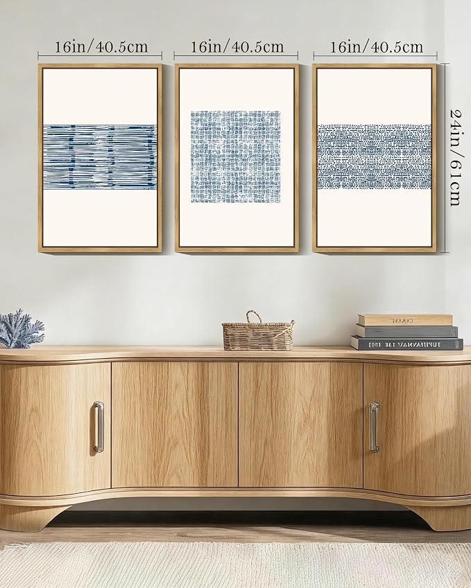 PHOPAGO 16x24in Large Blue Abstract Framed Wall Art Modern Boho Neutral Line Wall Decor Minimalist Geometric Artwork Bedroom Living Room Natural Framed