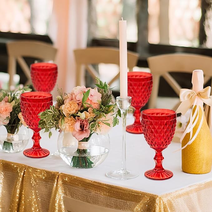 Vintage Wine Glasses Set of 6, 10 Ounce Colored Glass Water Goblets, Unique Embossed Pattern High Clear Stemmed Glassware Wedding Party Bar Glass Drinking Cups Diamond Red
