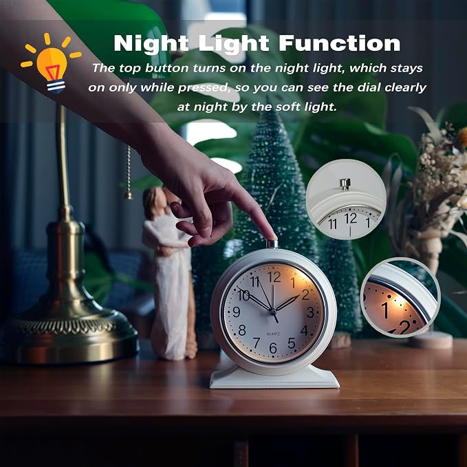 AYRELY® 4-inch Battery Operated Alarm Clock Silent Analog Desk Clocks with Light Vintage Metal Table Clock for Living Room Shelf Bedside Home Decor (White)