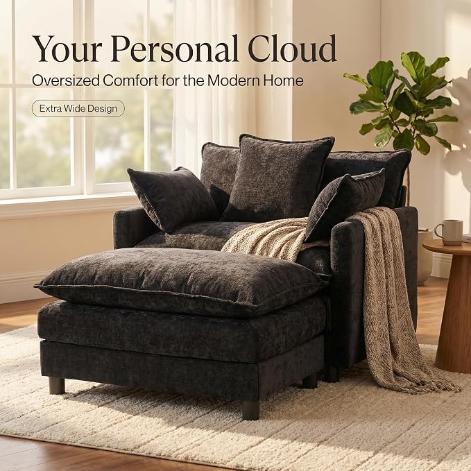 GRAVFORCE Oversized Chair with Ottoman, Comfy Upholstered Chaise Lounge Chair, Accent Indoor Reading Chairs for Living Room, Bedroom (Black)
