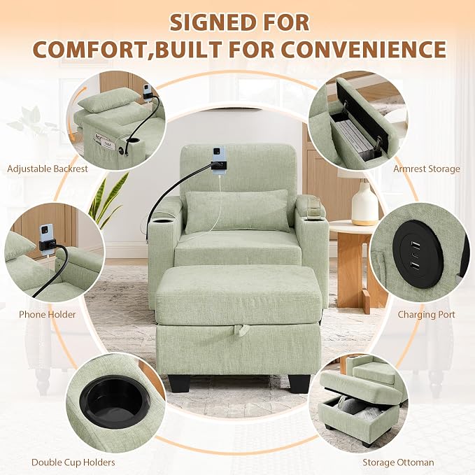 Oversized Chaise Lounge Chair Indoor, Single Convertible Recliner Reading Arm Sofa Chair W/Adjustable Backrest & Charging Port Couch Bed for Living Room, Home Theater & Bedroom, Cyan