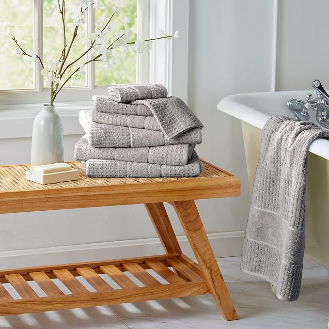 100% Cotton Super Soft Luxury Bath Towel Set | Quick-Dry and Highly Absorbent | Waffle Textured | 550 GSM | Includes 4 Bath Towels | Harper Collection (Light Grey)