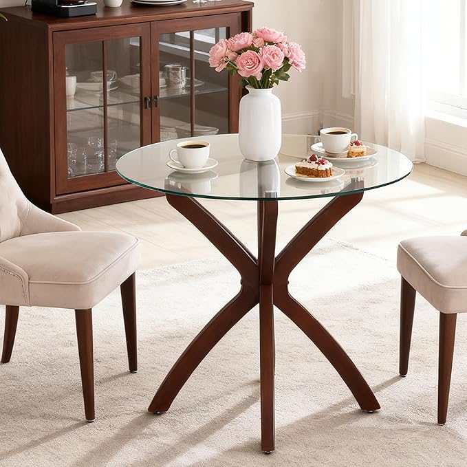 ivinta Small Glass Dining Table for 2-4 People, 31.5-Inch Round Coffee Table with Solid Wood Legs, Mid-Century Modern Kitchen Table for Dining Room, Living Room, Restaurant, CURD-80 (Rustic Brown)