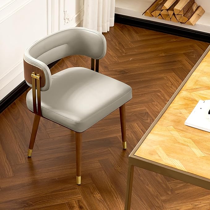 Modern Upholstered Leather Dining Chairs with High-Resilience Foam Cushion, Walnut Wood Veneer&Gold Metal Legs, 22Lx20.5Wx28.3H Inches, Anti-Slip Kitchen Chairs for Dining Room,Cream