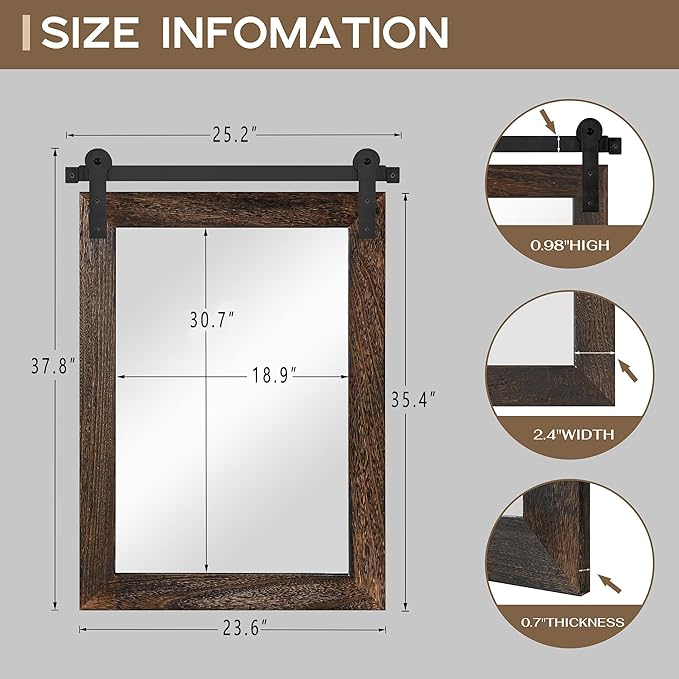 COGOOD Farmhouse Barn Door Mirror - 25 x 38 Rustic Bathroom Mirror for Living Room, Entryway, Vanity Wall Decor (Black Brown)