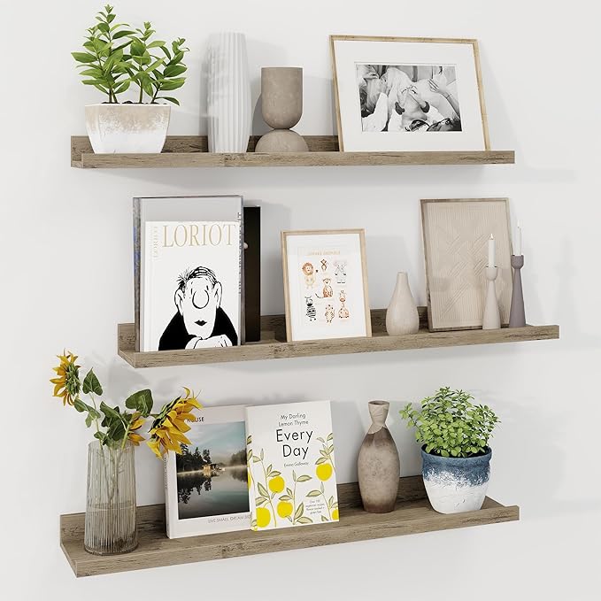 Axeman 30 Inch Floating Shelves | Grey Picture Ledge Shelf Set of 3 | Rustic Grey Wood Wall Shelves with Lip | 30" Picture Shelf for Wall with Ledge | Photo Shelves