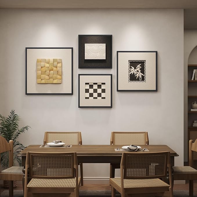 Large Framed 3D Wood Wall Art for Living Room, 4 Piece Modern Geometric Textured Paintings Artwork for Walls, Neutral Black and White Minimalist Wooden Home Wall Decor for Dining Room Hallway Bedroom