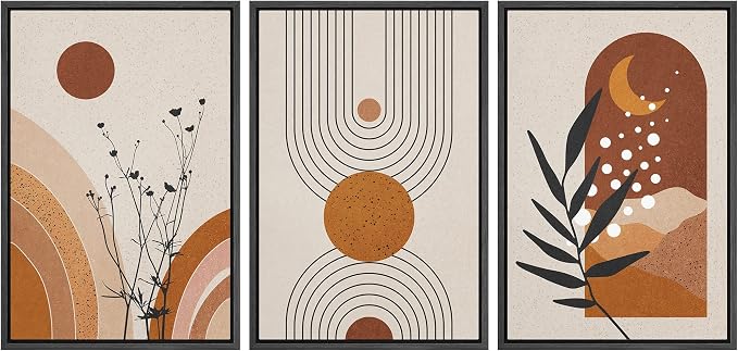 wall26 Framed Canvas Print Wall Art Set Boho Mid-Century Geometric Forest Plant Planets Nature Abstract Illustrations Modern Art Bohemian Decorative for Living Room, Bedroom, Office - 16"x24"x3 Black