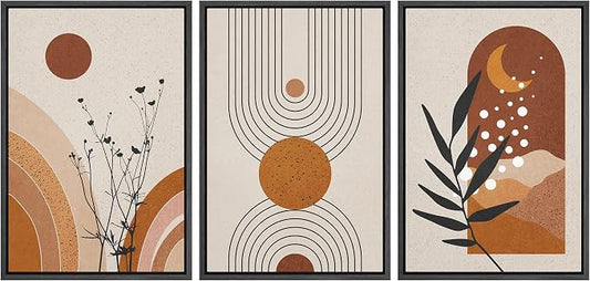 wall26 Framed Canvas Print Wall Art Set Boho Mid-Century Geometric Forest Plant Planets Nature Abstract Illustrations Modern Art Bohemian Decorative for Living Room, Bedroom, Office - 16"x24"x3 Black