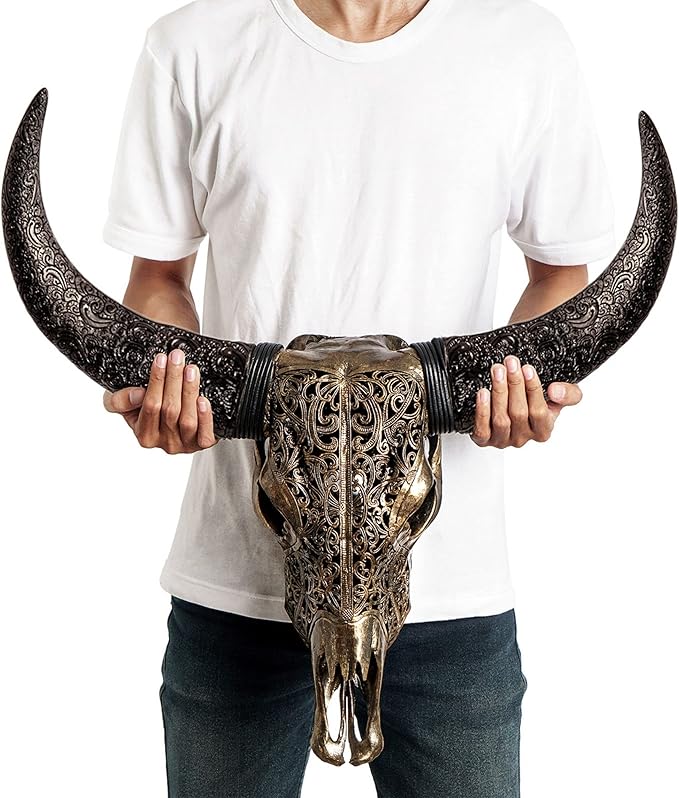 Skull Bliss - Hand-Carved Real Authentic Taxidermy Cow Skull/Bull Skull Wall Decor with Horns/Real Animal Cow Skull Wall Decor (Hand-Carved Horns)