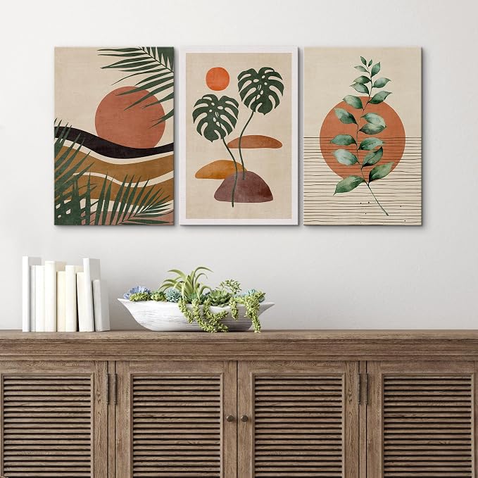 wall26 Canvas Canvas Print Wall Art Set Boho Mid-Century Tropical Plant Collage Abstract Shapes Digital Art Modern Art Decorative Minimal Relax/Zen for Living Room, Bedroom, Office - 16"x24" x 3