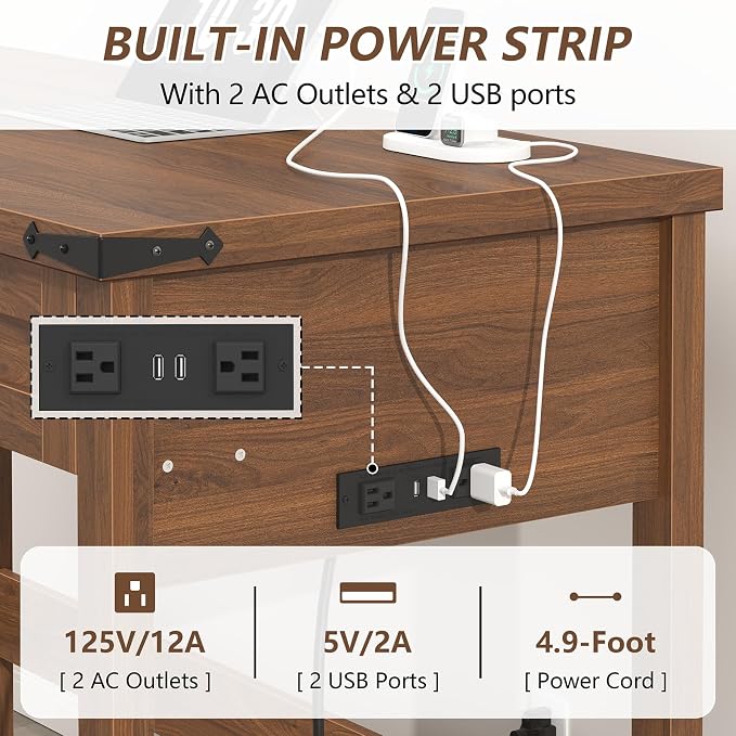 YOMILUVE Farmhouse Computer Desk with 2 Drawers, 39 Inch Small Office Computer Desk with Power Outlets, Compact Writing Study Vanity Desk for Small Spaces, Brown