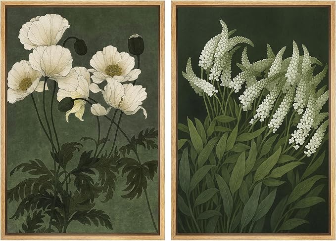IDEA4WALL Framed Canvas Print Wall Art Set White Bloom Botanical Elegant Green and Cream Floral Illustrations Modern Art Decorative Calm/Zen for Living Room, Bedroom, Office - 16"x24"x2 Natural