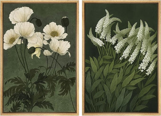 IDEA4WALL Framed Canvas Print Wall Art Set White Bloom Botanical Elegant Green and Cream Floral Illustrations Modern Art Decorative Calm/Zen for Living Room, Bedroom, Office - 16"x24"x2 Natural