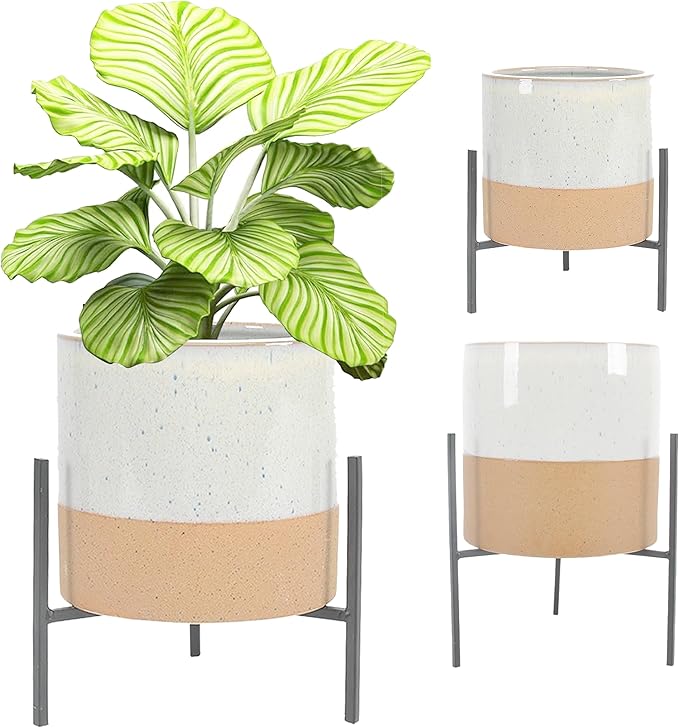 23 Bees Mid-Century Modern Ceramic Planter with Plant Stand Indoor Decorative Plant Pot with Stand in Earthy Beige and White Glaze, Black Metal Stand (Large 16 inch plant pot, Three sizes) (Large)
