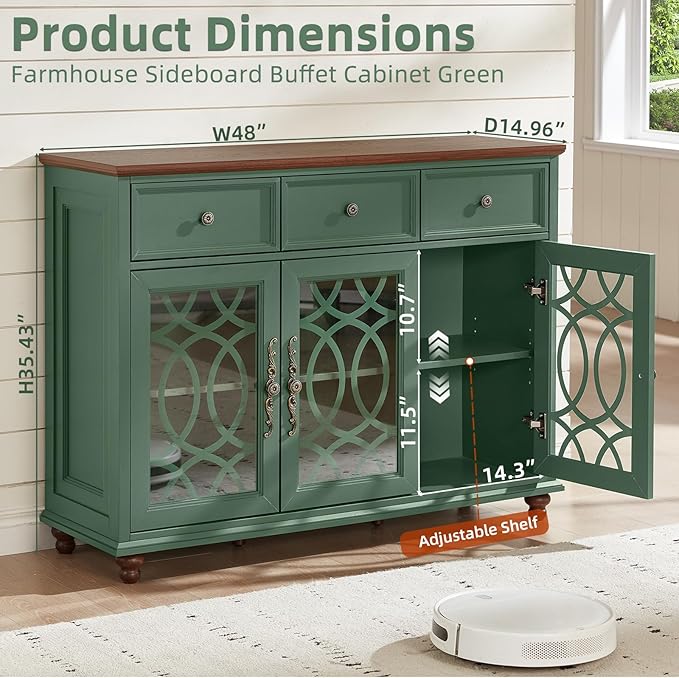 Farmhouse Sideboard Buffet Cabinet with Storage,48" Large Credenza with 3 Glass Doors & 3 Drawers,Adjustable Shelves Console Table,Wood Kitchen Coffee Bar for Dining Room,Living Room,Green