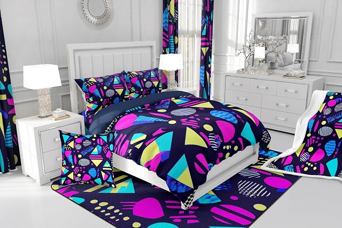 Erosebridal Memphis Geometric Pattern Comforter Cover Set King Size,Retro Style Triangle Shapes Artwork Duvet Cover Colorful Graphic 80s 90S Style Bedding Set Abstract 1990S Memphis Home Decor