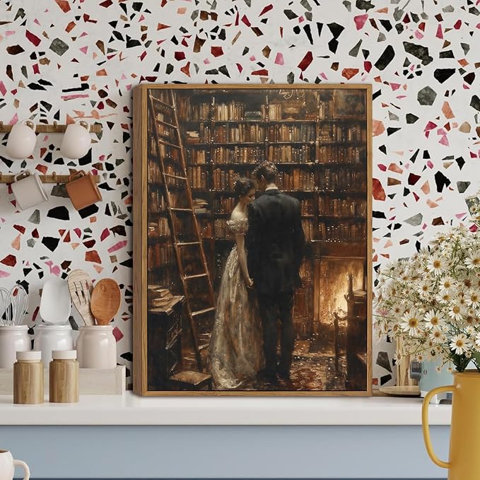 WALLZK Vintage Framed Wall Art Library Wall Decor Moody Dark Academia Canvas Prints Victoria Antique Literary Romantic Pictures Artwork for Walls Living Room Study Bedroom 8"x10"