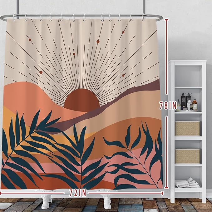 Baocicoo Boho Abstract Sun Shower Curtain Mid Century Sunrise Mountain Shower Curtain for Bathroom Minimalist Aesthetic Bathroom Decorations Waterproof Curtain for Bath with Hooks 72x78Inches