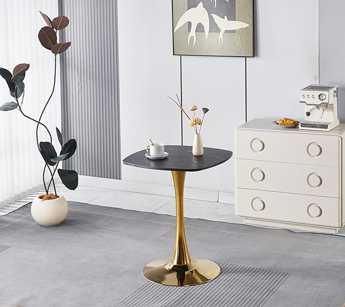23.62 inches Square Side Table for 2, Special Kitchen Table with Tulip Shape & Metal Pedestal Base, Mid Century Modern Bistro Tulip Table for Bar, Small Space, Cafe