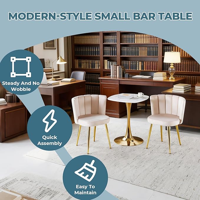 24" Square Tulip Dining Table, White & Gold Modern Pedestal Table for 2-4, Luxury Small Dining Table for Kitchen, Apartment, Bistro, Cafe, Mid Century Modern Design