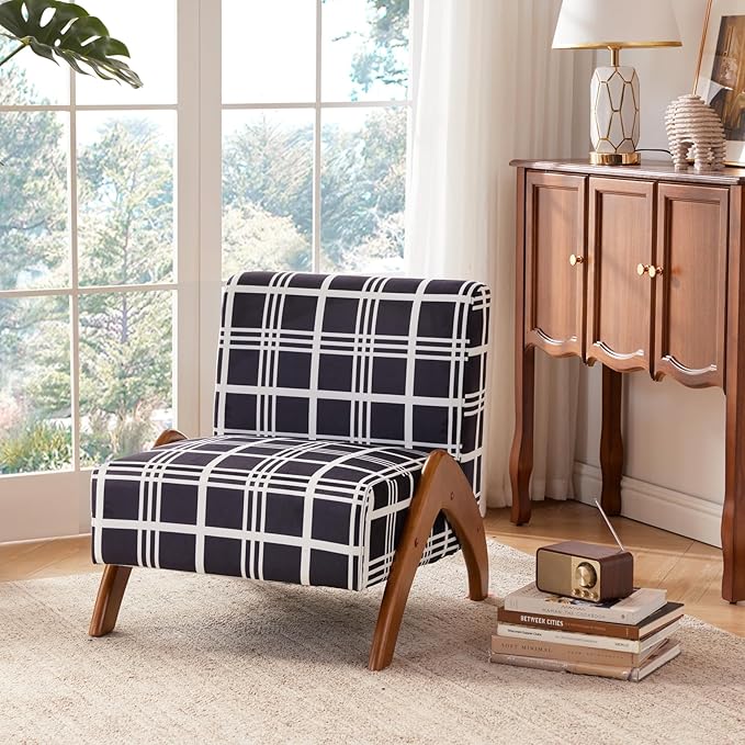 Oversized Accent Chair, upholstered armless mid Century Modern Living Room Chair with Wooden Legs for Bedroom/Office/Cafe, Plaid Black