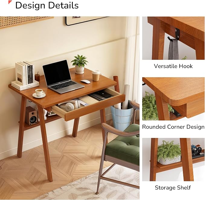 Solid Wood Writing Desk with Drawers - 31.5" Mid Century Modern Desk, Small Computer Home Office Desks for Small Spaces with Storage Shelf, Study Makeup Workstation for Bedroom/Living Room, Walnut