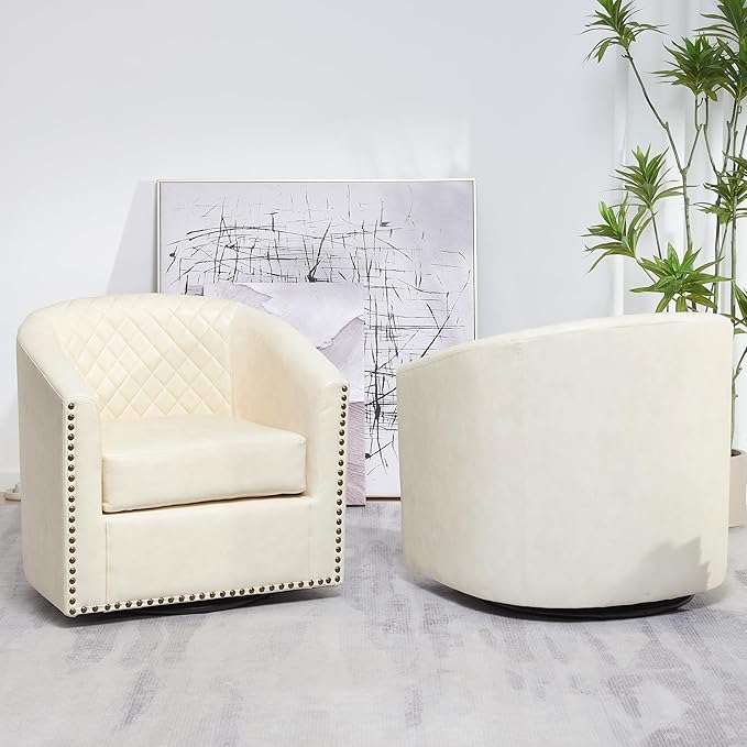 KINWELL 29" Wide Tufted Faux Leather Swivel Barrel Chair Set of 2, PU Leather Modern Upholstered Accent Chairs with Nailhead Trim, Small Armchair for Living Room Bedroom, Cream