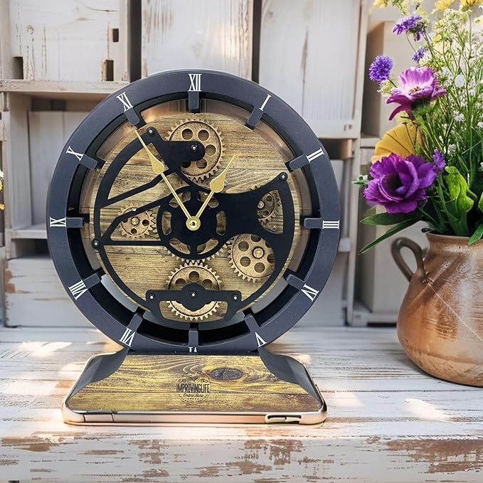 ImprovingLife The Gears Clock Desk Clock 10 inches with Real Moving Gears Convertible into Wall Clock (Gold Antique)