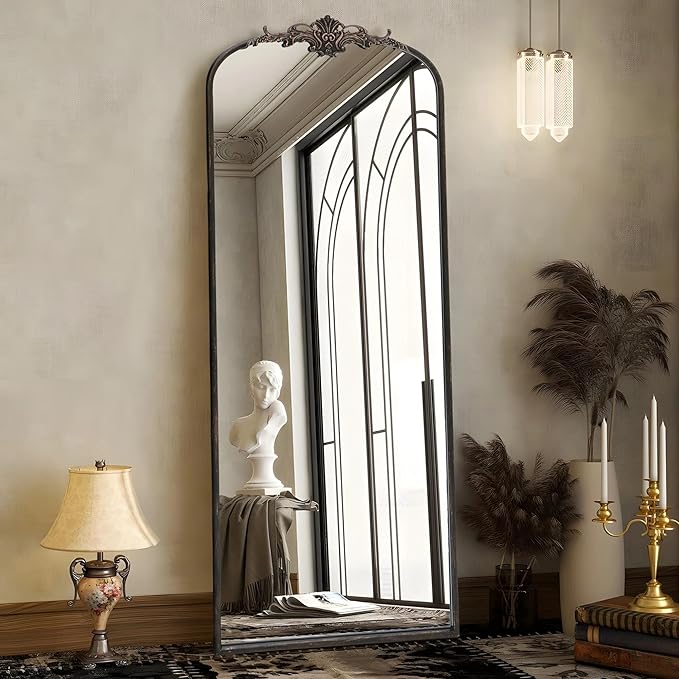 Besdomus Arched Mirror Full Length: 21"x56" Black Vintage Full Body Mirror - Floor Antique Baroque Traditional Ornate for Entryway/Cloakroom/Bedroom/Living Room - Home Decor for Homemakers