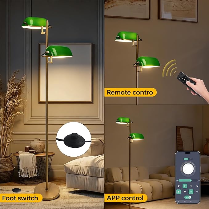 FIRVRE Bankers Floor Lamp for Living Room, Vintage Floor Lamp with Foot Switch,Remote Control Standing Lamp with Glass Lampshade, Antique Green Floor Lamp for Bedroom Office Kid Room