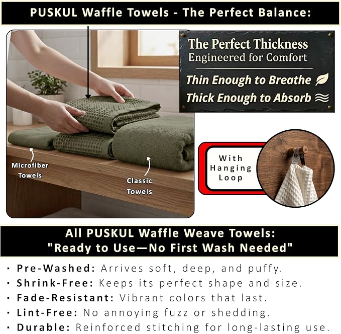 PÜSKÜL 4-Piece Natural 100% Turkish Cotton Luxury Waffle Towels for Bathroom | Premium Honeycomb Weave 2 Hand Towel & 2 Bath Towel Set | Soft Absorbent Quick-Dry Lightweight Towels (Khaki Green)