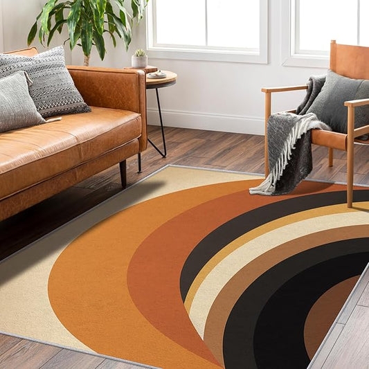 Retro Arch Rugs for Bedroom - Washable Mid Century Modern Rugs for Living Room - 6x9 ft - Abstract MCM Design Area Rug & Home Decor - 70s Minimalist Indoor Carpet with Non Slip Backing
